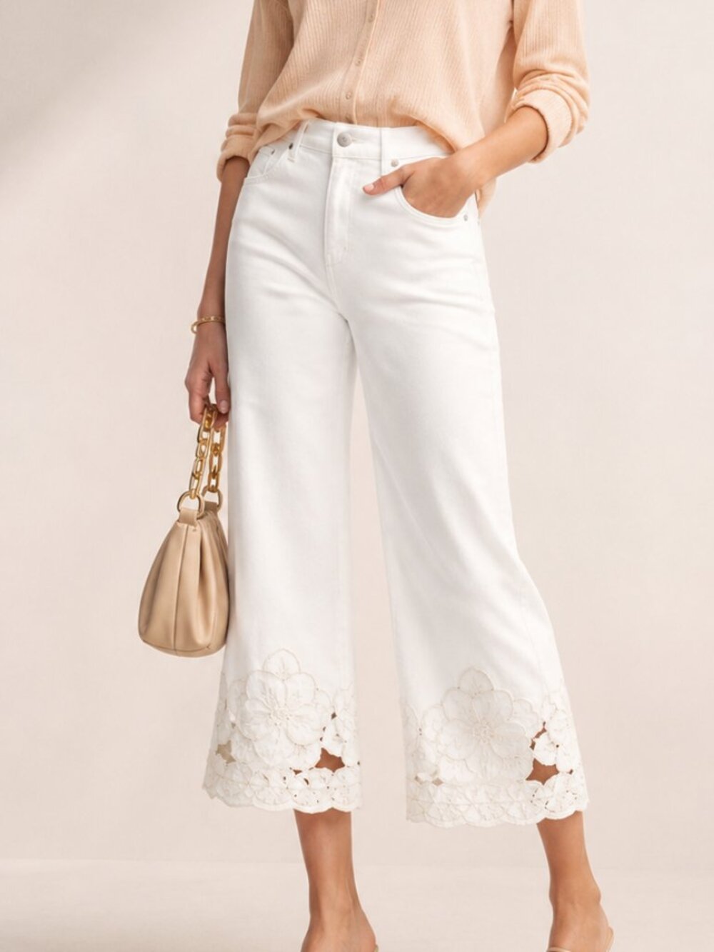 Soft Surroundings Embroidered Lace Hem Wide Leg Cropped Pants Cream SZ 8 Boho